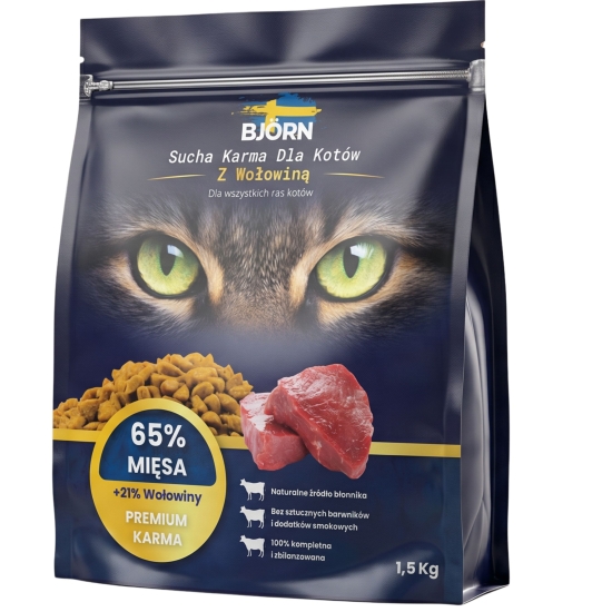 SUCHA KARMA DLA KOTA Z WOŁOWINĄ 65 % MIĘSA 1,5KG